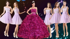 Gorgeous Ruffled And Beaded Fuchsia Quinceanera Dress And Laced Lavender Short Dama Dress