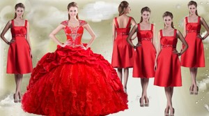 Fashionable Beaded And Pick Ups Quinceanera Dress And New Style Square Dama Dress In Red