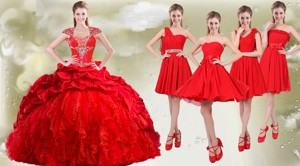 Popular Cap Sleeves Quinceanera Dress And Beautiful Chiffon Short Dama Dress In Red