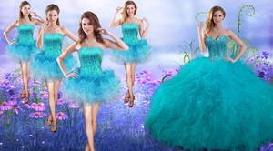 New Arrivals Teal Really Puffy Quinceanera Dress and Gorgeous Sequined and Ruffled Layers Dama Dress