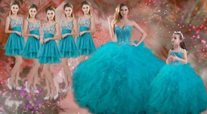 Luxurious Beaded and Ruffled Quinceanera Dress and Sweet Spaghetti Straps Teal Mini Quinceanera Dres
