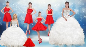 Ruffles And Beading White Sweet 16 Dress And Red Short Dama Dress And Ruffles White Little