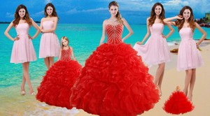 Ruffled Red Quinceanera Dress And Baby Pink Strapless Prom Dress And Halter Top Beaded Little