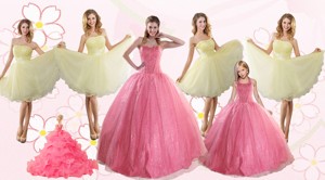 Rose Pink Beading Ball Gown Quinceanera Dress And Strapless Knee Length Dama Dress And Halter Top