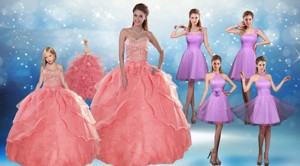 Perfect Beading Floor Length Quinceanera Dress And Short Ruching Prom Dress And Watermelon Halter