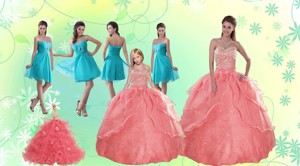 Beading Watermelon Quinceanera Gown And Baby Blue Short Dama Dress And Halter Top Watermelon Littl