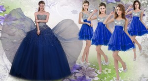 Gorgeous Beaded Navy Blue Quinceanera Dress and Fashionable Straps Sequined Dama Dress 