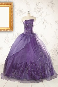 Discount Purple Strapless Appliques Quinceanera Dress