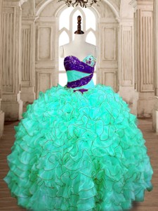 Wonderful Beaded and Ruffled Quinceanera Dress in Turquoise for Spring