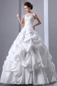 Elegant V-neck Floor-length Taffetaruch And Appliques Pick-ups Wedding Dress