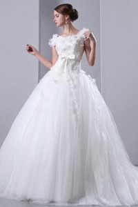 Beautiful Scoop Cathedral Train Taffeta And Tulle Appliques Wedding Dre