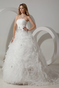 Perfect Ball Gown Strapless Court Train Tulle Beading Wedding Dress 