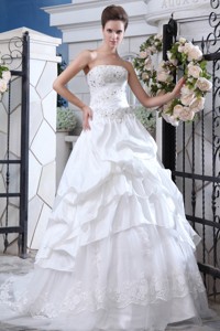 Affordable Strapless Court Train Organza Beading And Appliques Wedding Dress