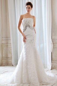 Gorgeous Mermaid Strapless Court Train Special Fabric Beading and Appliques Wedding Dress 