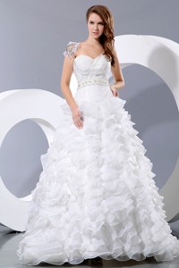 Gorgeous Sweetheart Court Train Satin And Organza Beading And Ruffles Wedding Dress