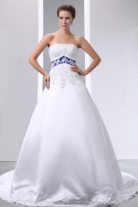 Graceful Strapless Brush Train Satin And Lace Appliques Wedding Dress