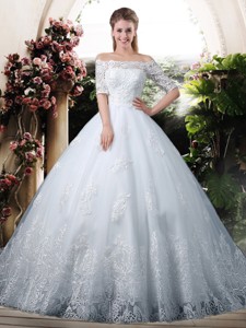 Elegant Ball Gown Off The Shoulder Lace Chapel Train Wedding Dress With Half Sleeves