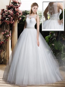 Simple A Line Scoop Wedding Dress With Beading And Belt