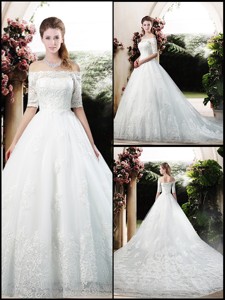 Latest A Line Off The Shoulder Half Sleeves Wedding Dress With Appliques