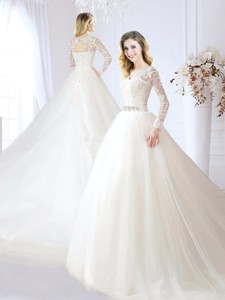 Elegant Beaded and Laced V Neck Chapel Train Wedding Dress in Tulle 