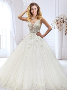 Exclusive Laced and Beaded Wedding Dress with See Through Scoop 