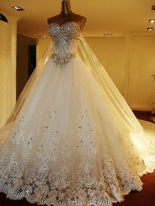 New Style Chapel Train Beaded Bodice and Applique Wedding Dress