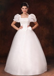 Bubble Sleeve Square Neck Bowknot Wedding Dress Custom Made