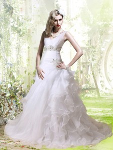 Elegant A Line Beading and Ruffles Wedding Dress with V Neck 