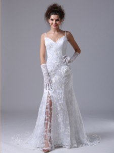 Lace Spaghetti Strap Column Garden Outdoor Fitted Wedding Dress