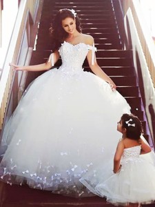 Sophisticated Off The Shoulder Wedding Dress With Bowknot And Romantic Strapless Flower Girl Dress