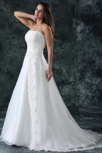 Straps Appliques Lace Up Tulle Wedding Dress With Court Train