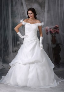 Elegant Off The Shoulder Sweep Train Taffeta And Organza Appliques With Beading Wedding Dress