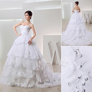 Spring White Ball Gown Sweetheart Paillette Ruffled Layers Wedding Dress