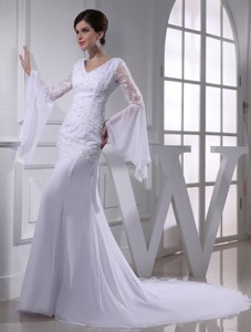 Cheap Column V-neck Lace Chiffon Wedding Dress With Long Sleeves 