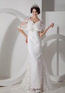 New Column V-neck Brush Train Satin Lace Wedding Dress 