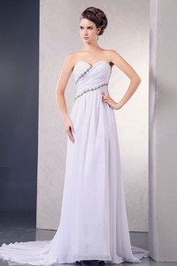 Elegant Wedding Dress With Appliques And Ruching Sweetheart Court Train Chiffon For Custom Made