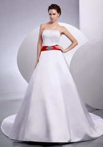Belt Strapless Wedding Dress Court Train Princess Satin