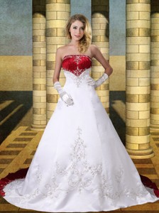 New Style A Line Strapless Chaple Train Wedding Dress With Embroidery