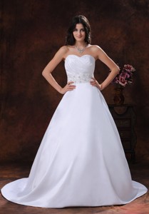 Sweetheart Neckline Satin Wedding Dress With Beaded Decorate Waist In Show Low Arizona 