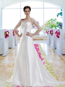 Discount A Line Chapel Train Half Sleeves Wedding Dress With Beading