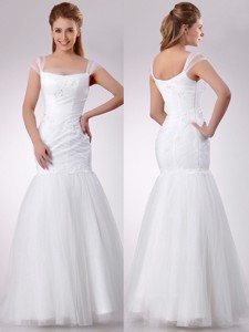 Gorgeous Square Mermaid Applique Side Zipper Wedding Dress in Tulle 
