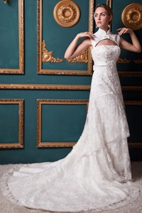 Modest High-low Chapel Train Lace Sash Wedding Dress