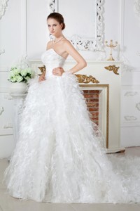 Discount Sweetheart Chapel Train Satin Feather Ruch And Beading Wedding Dress