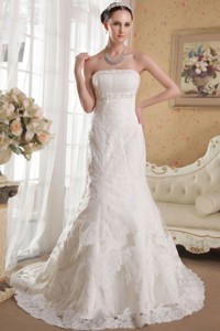 White Mermaid Strapless Chapel Train Lace Beading Wedding Dress 