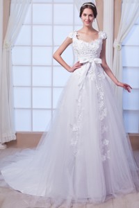 New Princess Square Chapel Train Tulle Embroidery Wedding Dress