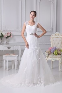 Mermaid Straps Wedding Dress with Ruching and Beading on Lace 