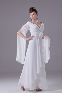 V-neck Handle Flowers White Chiffon Wedding Dress with Long Slit Sleeves 
