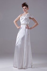 Half Bow Accents One Shoulder Wedding Gown with Diamonds Decorated Sash 
