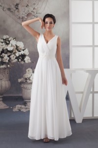 V-neck Ruched Ankle-length White Wedding Dress with Appliques 