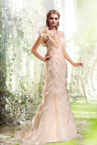 Column Ruffled Layers One Shoulder Brush Train Wedding Dress In Peach